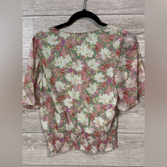 Lush Floral Surplice V-Neck Top Smocked Waist, Small, Pink/Sage, Flutter Sleeve - Picture 3 of 7